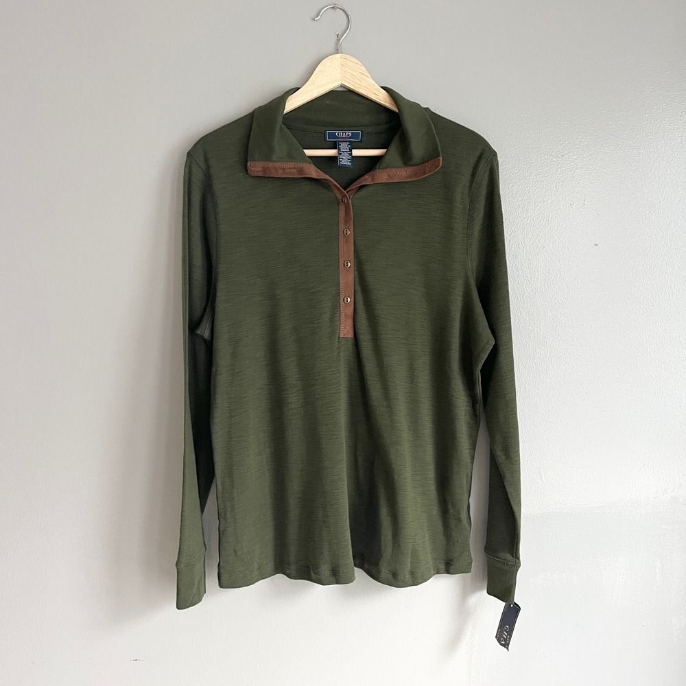 Chaps Denim Henley Top Shirt Womens 1X Green Faux Suede Trim Casual Preppy NWT